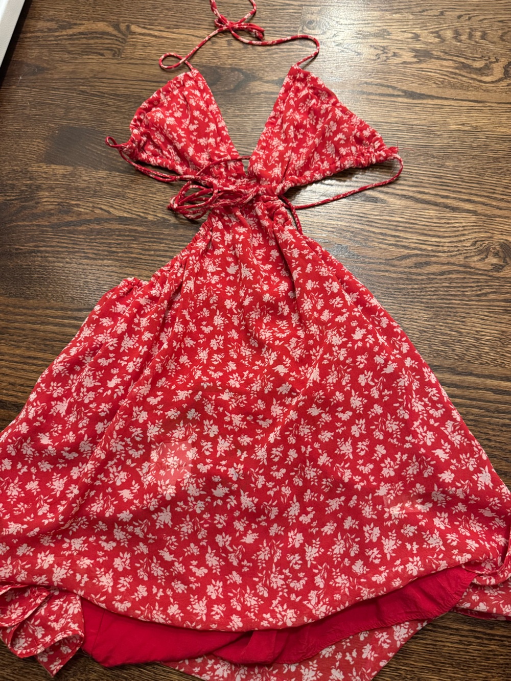Red Floral Mini Dress - Open Back Halter